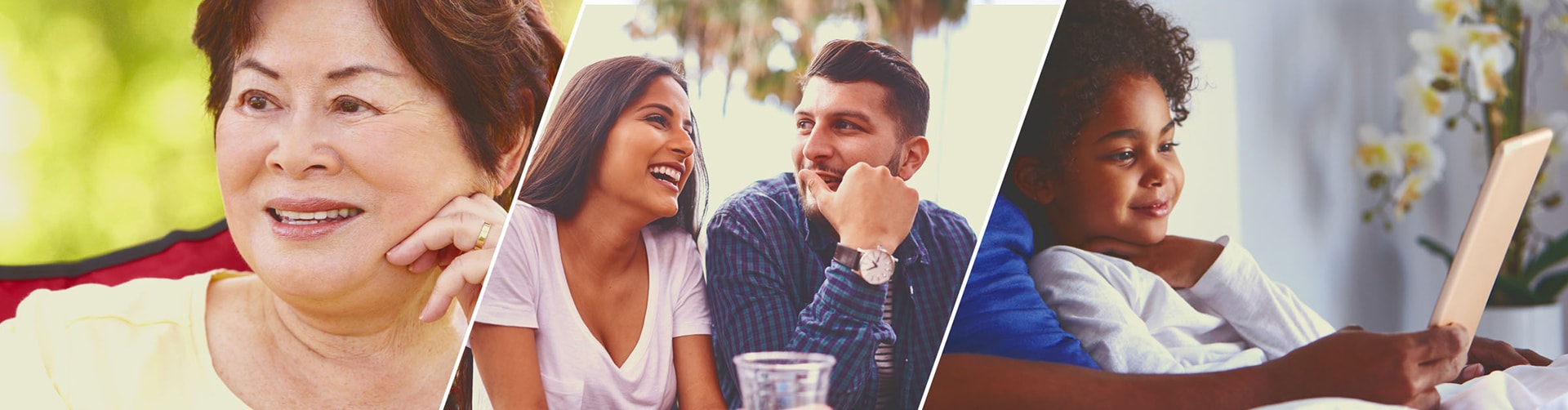 3 photos of people of various genders, races, ethnicities and ages: A woman looking to the left, a couple at a café, a father reading to his child